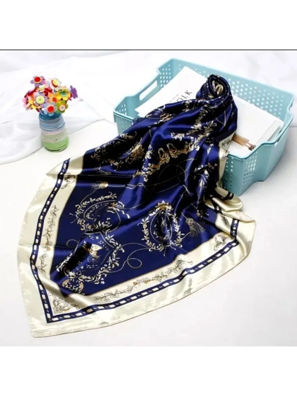 Scarf Headwraps for Women Silk Scarf Navy Satin Print 35 x 35